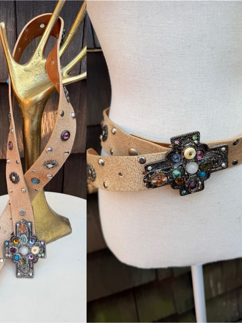 Vintage Y2K Leatherock distressed beige leather belt  studs & cross stones Sz M